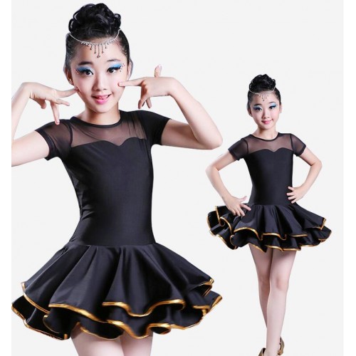 Kids latin dresses for girls stage performance blue red black school dancing competition salsa rumba dresses